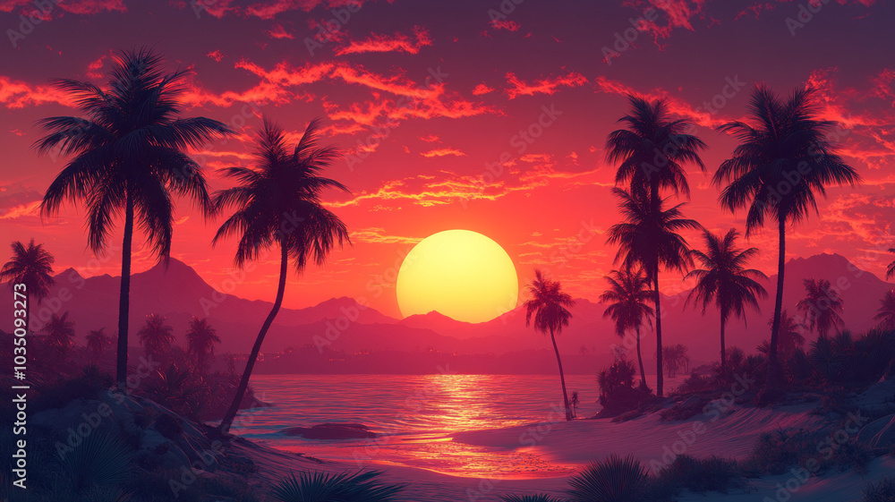 Beautiful tropical beach with palm trees silhouettes at dusk. Beautiful tropical beach with palm trees silhouettes at dusk.