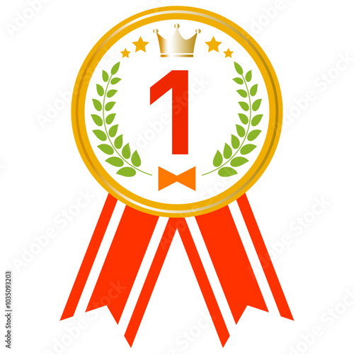 1位のメダルのイラスト（2本のリボン付き）