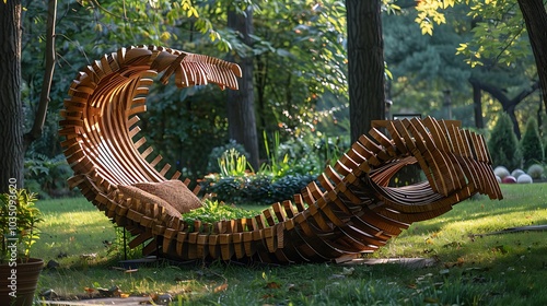 A telescopic view of a backyard relaxing glider made of wood photo