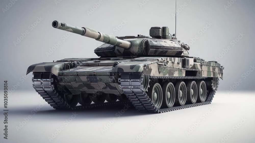 A military tank with a camouflage paint scheme is shown in a studio ...