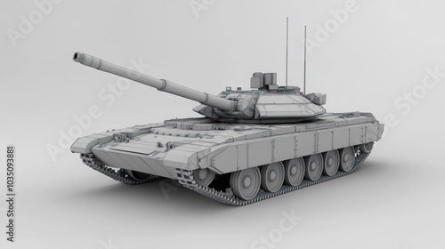 A 3D rendered model of a tank with a grey color scheme, with wheels and tracks visible.