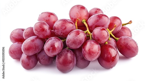 A bunch of fresh red grapes arranged attractively on a white background.