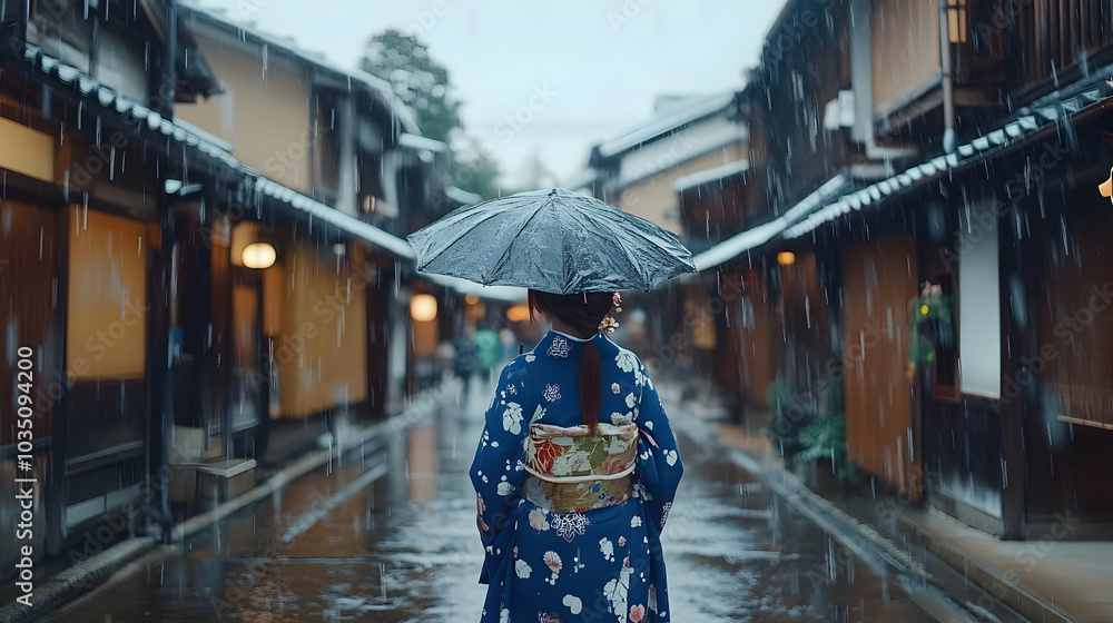 Walking Through a Rainy Alleyway in Traditional Japanese Clothing Walking Through a Rainy Alleyway in Traditional Japanese Clothing