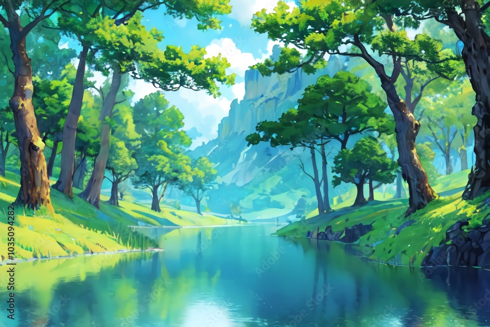 Fototapeta premium Sunny Serenity A Peaceful Illustration of a Calm Waterfront Surrounded by Lush Greenery