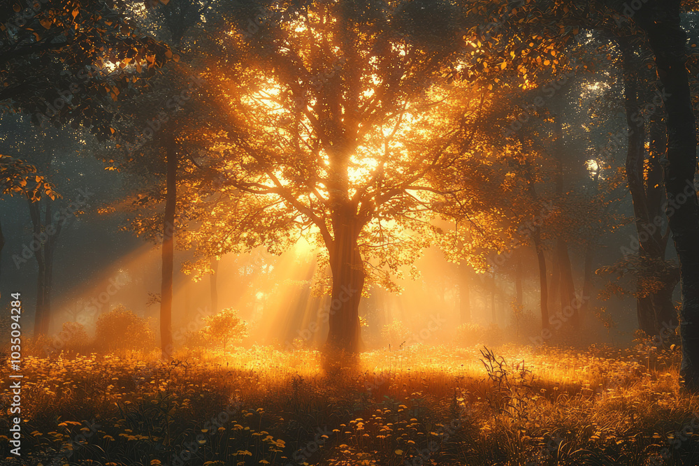 A soft, golden light breaking through the fog, creating a radiant, peaceful atmosphere in the mist, A soft, golden light breaking through the fog, creating a radiant, peaceful atmosphere in the mist,
