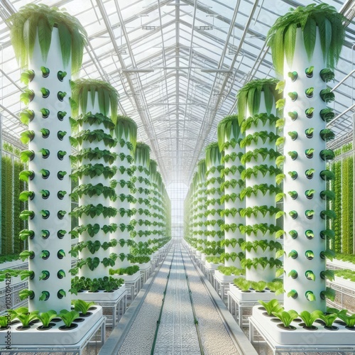 Obraz na płótnie Modern Hydroponic Greenhouse with Vertical Farming Towers Growing Lush Green Vegetables, Showcasing Sustainable Agriculture Techniques and Innovation in Eco-Friendly Food Production w salonie