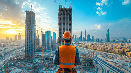 An architect is at work on a construction site in Saudi Arabia, An engineer is at work at a construction site in Dubai, UAE