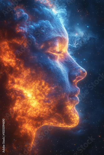 A celestial nebula resembling a face, with colorful clouds of gas and light, floating in the depths of space,