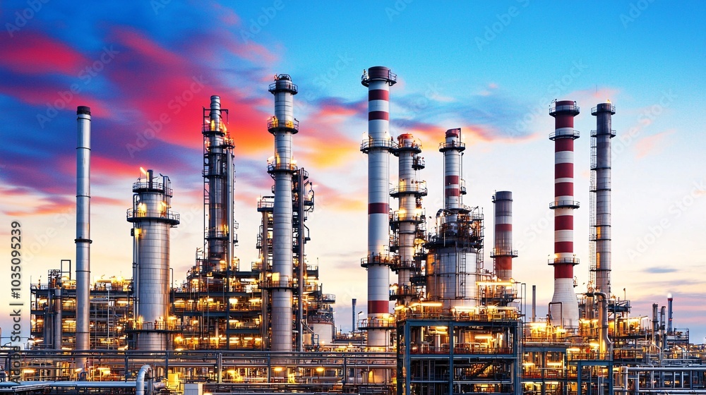 Oil refinery plant at sunset, glowing lights, massive industrial complex Oil refinery plant at sunset, glowing lights, massive industrial complex