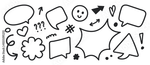 Hand drawn speech bubbles isolated on a white background. Scribble comic linear elements. Vector illustration