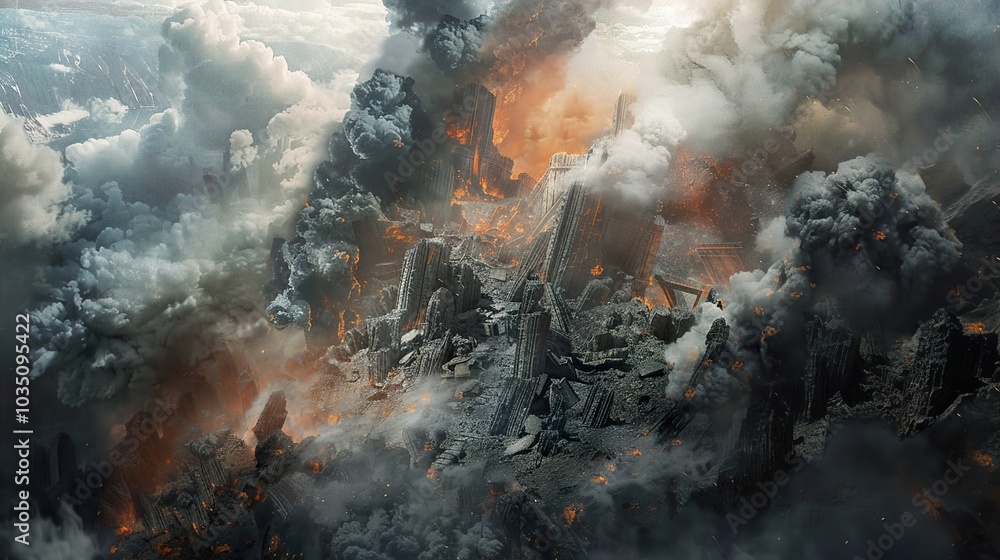 Apocalyptic Cityscape: Ruins engulfed in flames and smoke Apocalyptic Cityscape: Ruins engulfed in flames and smoke