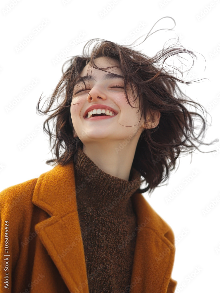 Happy woman smiling with flowing hair against white background. Happy woman smiling with flowing hair against white background.