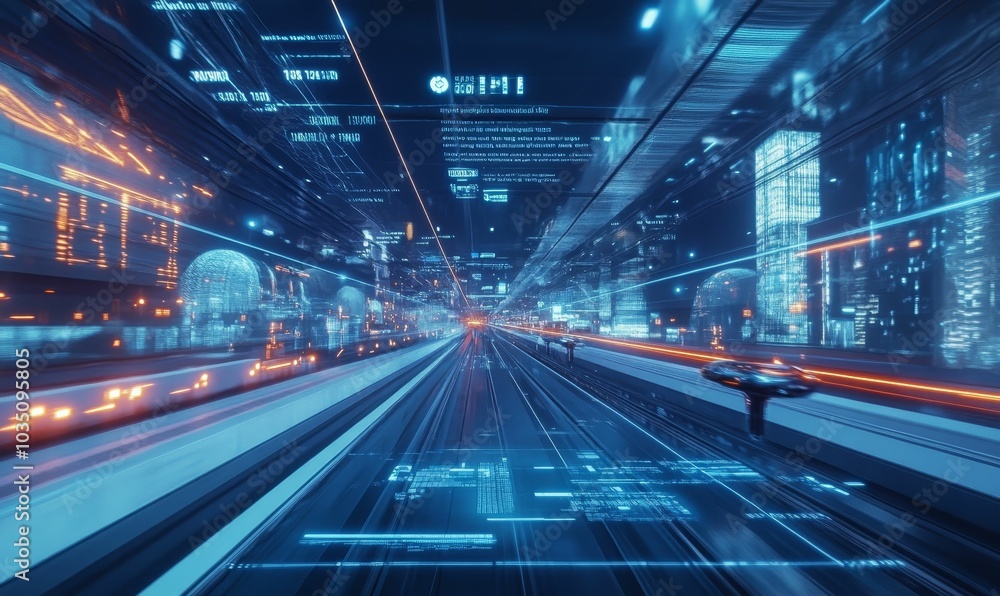 Futuristic city highway with digital overlay. Futuristic city highway with digital overlay.