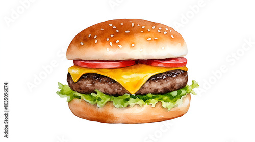 Watercolor Cheeseburger with Sesame Seed Bun and Lettuce