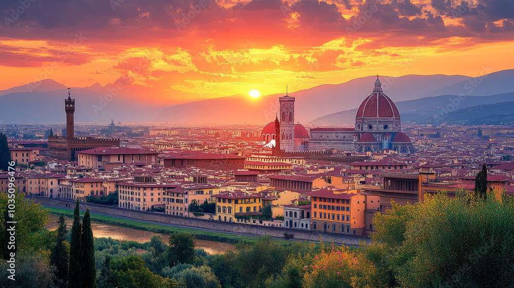 Fototapeta premium Sunrise view on Florence city centre and Duomo from Vista panoramica di Firenze