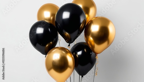 A luxury combination of black and gold balloons, set against a smooth white background. Perfect for exclusive celebrations, sophisticated parties, and glamorous promotional designs.