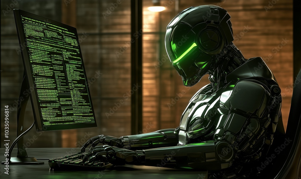 Cybernetic robot typing on a computer in a dark room with green lights Cybernetic robot typing on a computer in a dark room with green lights