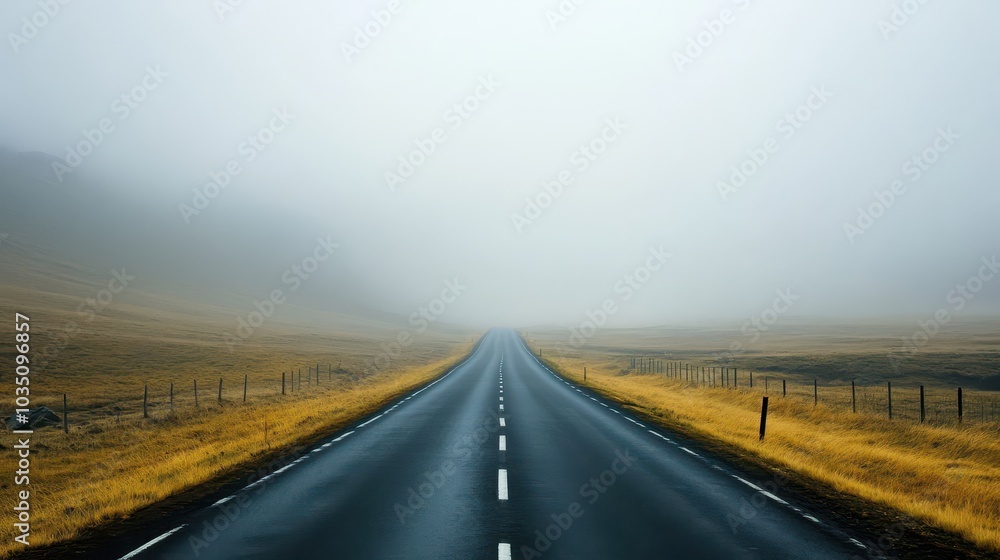 Fototapeta premium A serene road stretching into the foggy horizon, surrounded by golden fields and a mysterious, tranquil atmosphere.