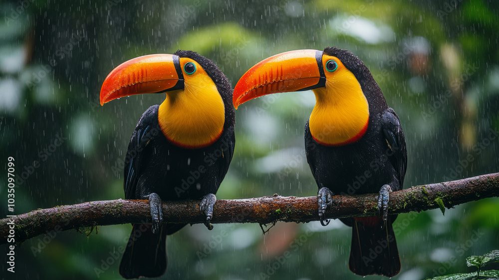 Fototapeta premium Toucan sitting on the branch in the forest, green vegetation, Costa Rica. Nature travel in central America. Two Keel-billed Toucan, Ramphastos sulfuratus, pair of bird with big bill.