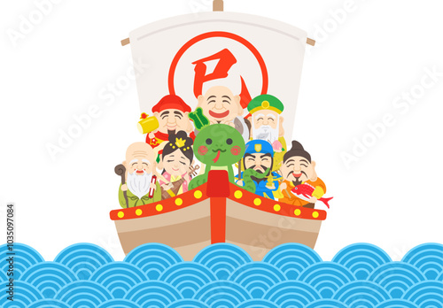 蛇と七福神をのせた、海上の宝船のイラスト