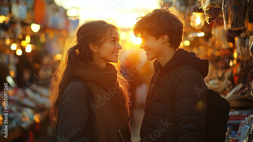 Tourist couple shopping at flea market stall