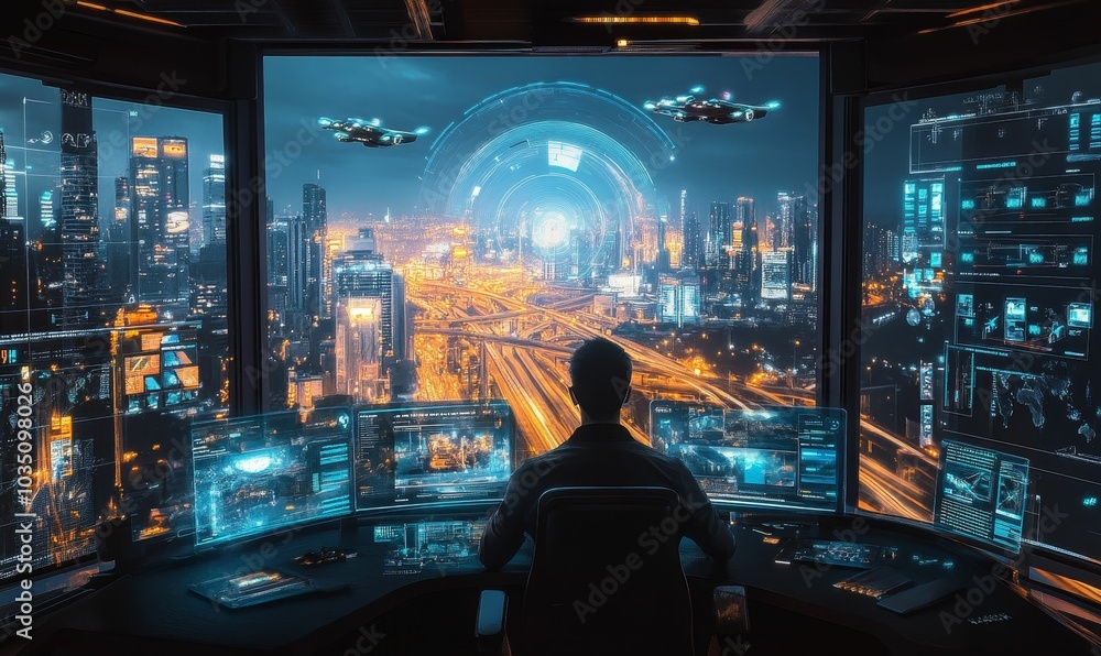 Man in dark room overlooking city with screens. Man in dark room overlooking city with screens.