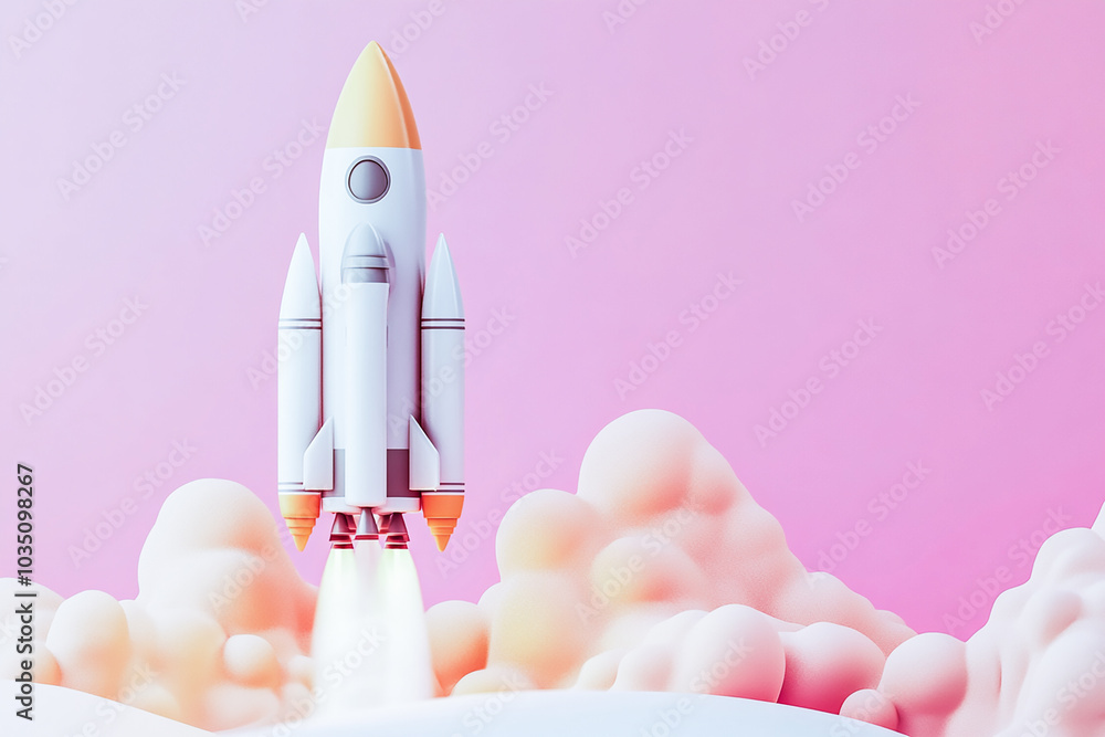 Futuristic 3D Render of a Space Rocket Launching from Laptop: Symbol of Digital Innovation and Progress Futuristic 3D Render of a Space Rocket Launching from Laptop: Symbol of Digital Innovation and Progress