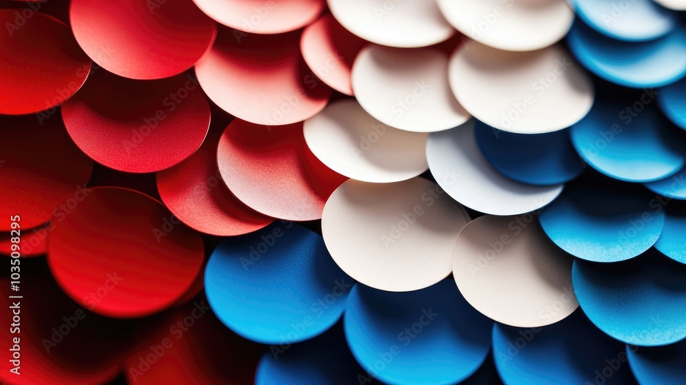 Close-up of overlapping red, white, and blue circular paper shapes Close-up of overlapping red, white, and blue circular paper shapes