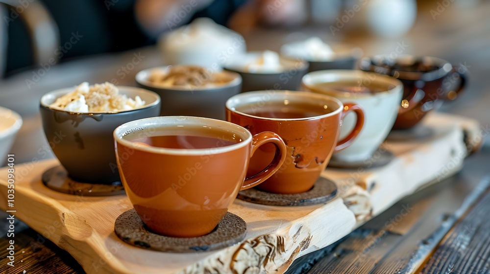 A timber dish with several cups of tea with fluffy cream and sugar A timber dish with several cups of tea with fluffy cream and sugar