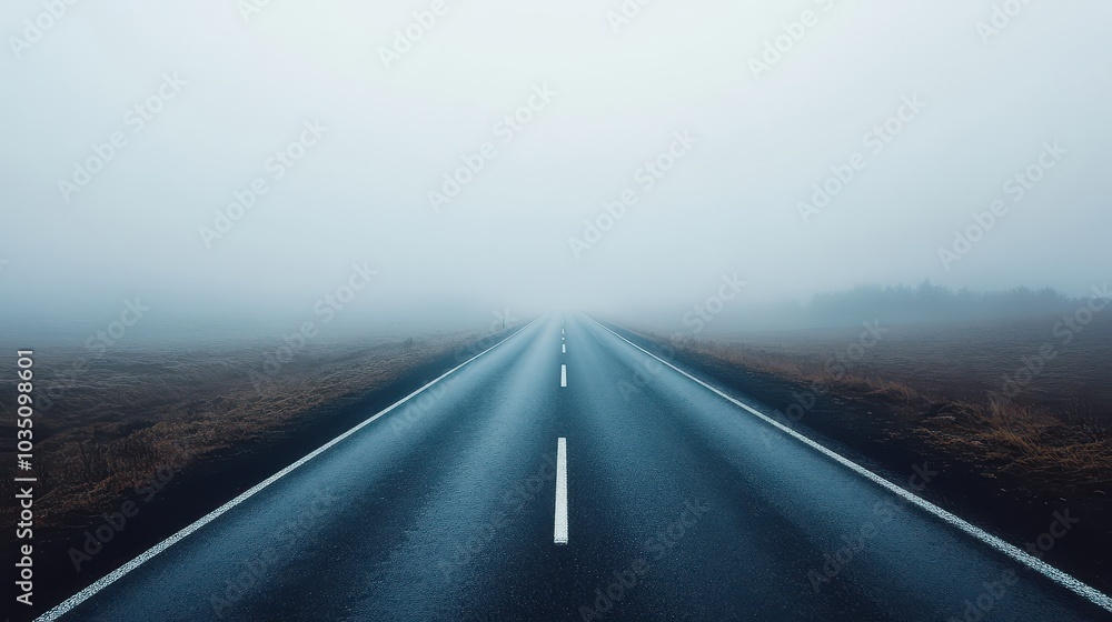 Fototapeta premium A straight, empty road disappears into the thick fog. The road is wet and reflects the gray sky above.