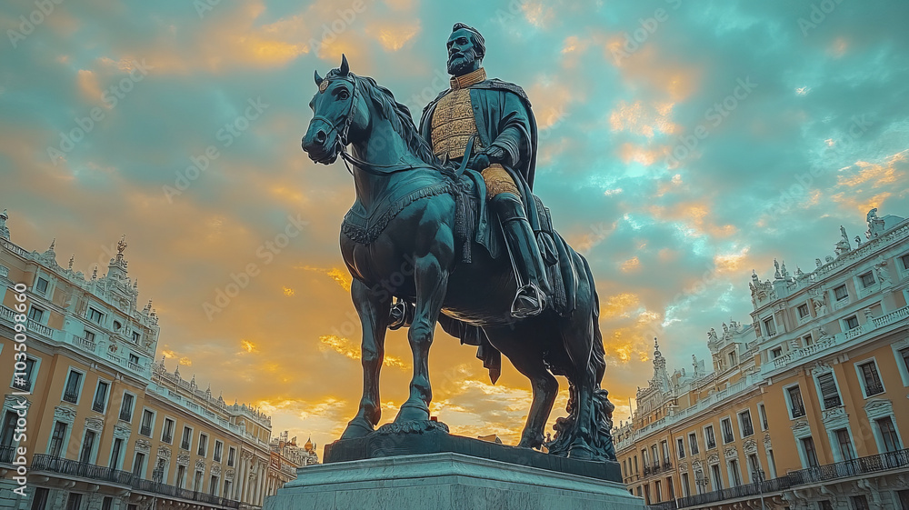 Fototapeta premium Plaza Mayor with statue of King Philip III in Madrid, Spain