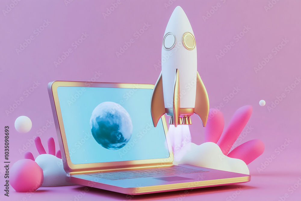 3D Render of a Space Rocket Launching from a Laptop Screen: Innovation, Technology, and Future Exploration 3D Render of a Space Rocket Launching from a Laptop Screen: Innovation, Technology, and Future Exploration
