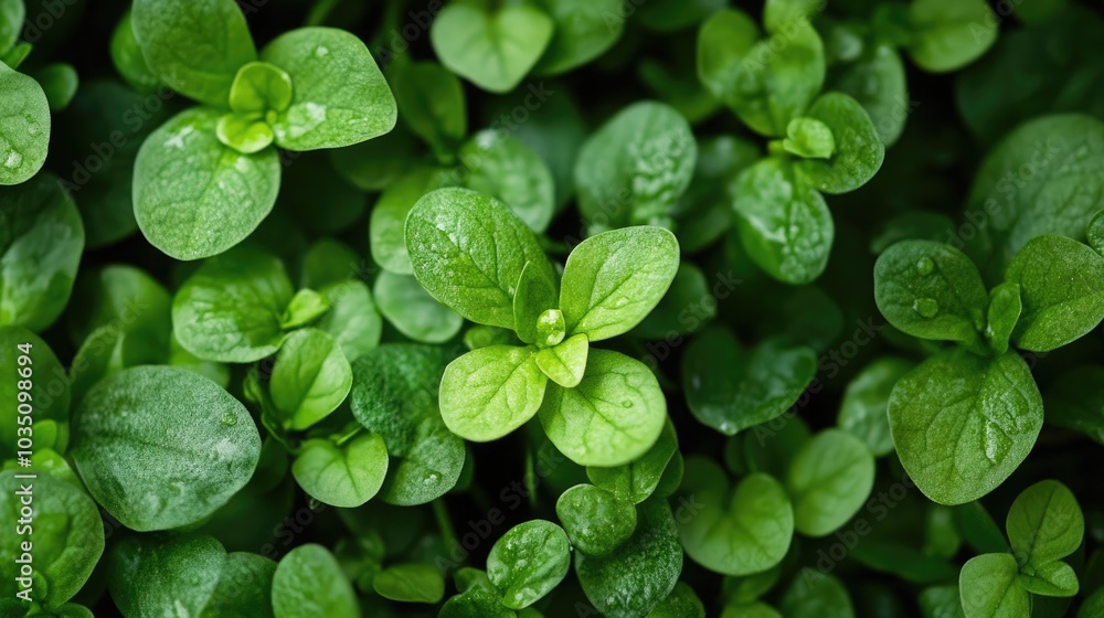 Fresh green plants growing densely in a garden, glistening with morning dew under natural light, showcasing vibrant life and growth Fresh green plants growing densely in a garden, glistening with morning dew under natural light, showcasing vibrant life and growth