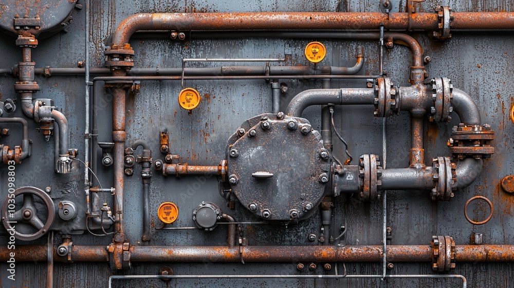 Close-up of pipes and valves, oil refinery detail, intricate industrial system