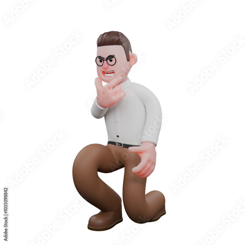 Male Professional Sociologist - 3D Character. A male sociologist is sitting squatting with his right hand holding his chin. Male Professional photo