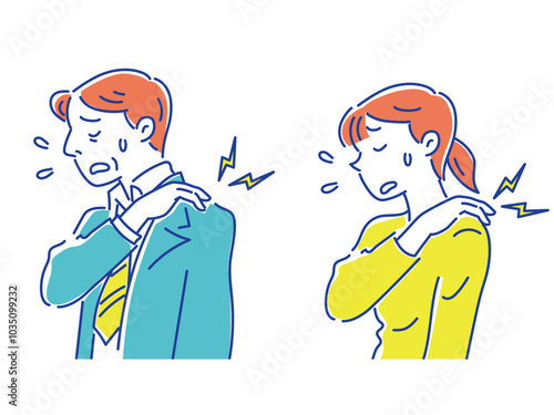 肩が痛くて困っているビジネスマン男性と若い女性