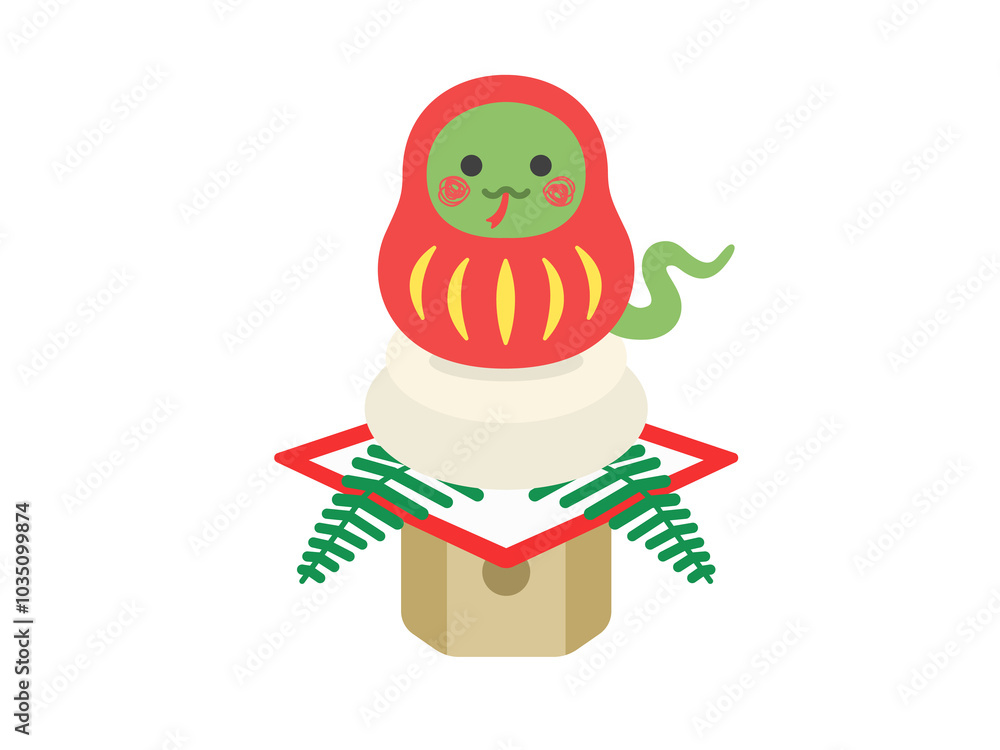 Fototapeta premium 鏡餅の上にのった、達磨の衣装を着た、蛇のキャラクターのイラスト