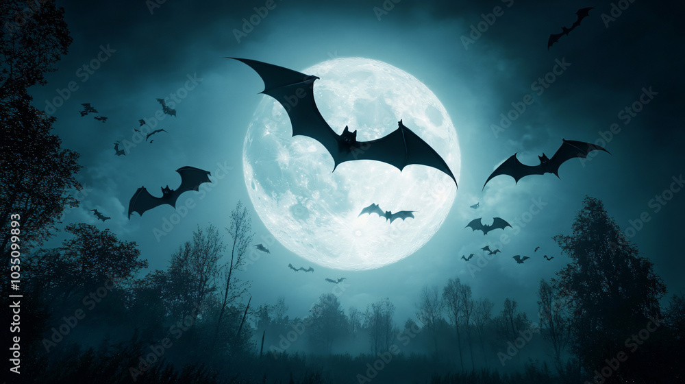 A group of bats flying across the full moon, casting eerie shadows on the ground.