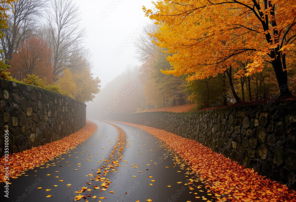 Fototapeta premium A misty autumn roadway lined with vibrant fall foliage