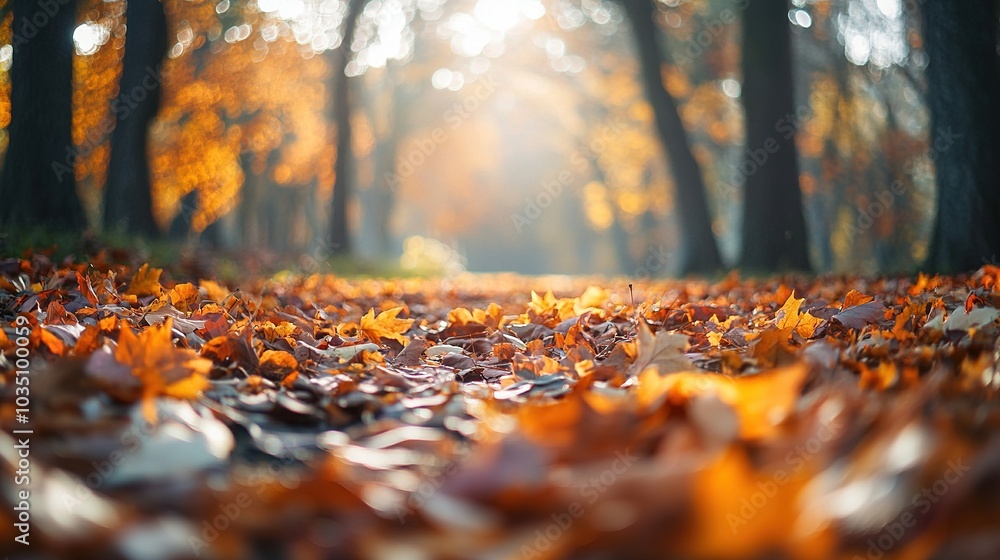 Autumn Pathway with Colorful Leaves and Soft Light Autumn Pathway with Colorful Leaves and Soft Light