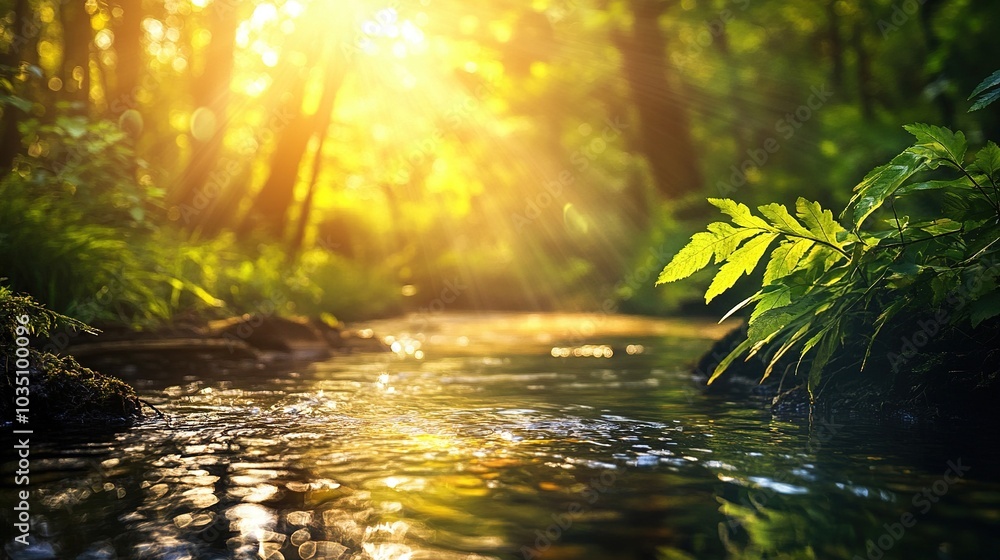 Serene Forest Stream with Sunlight and Reflection Serene Forest Stream with Sunlight and Reflection