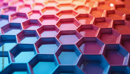 An abstract, colorful, hexagonal pattern on a reflective surface.