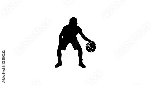 Basketball Dribbling Drill, young guy with ball, black isolated silhouette