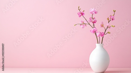 Elegant pink orchids in a minimalist vase on a pastel backdrop