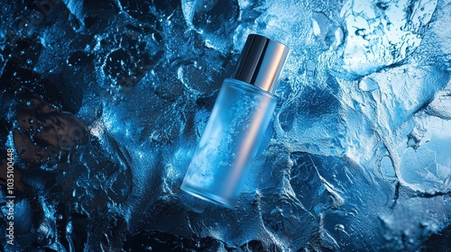 Elegant Perfume Bottle on Ice Background