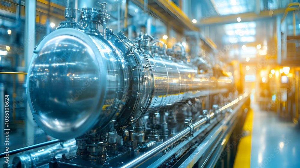 Industrial Manufacturing: Inside a Modern Factory with Shiny Metal Equipment and Complex Piping Systems Industrial Manufacturing: Inside a Modern Factory with Shiny Metal Equipment and Complex Piping Systems