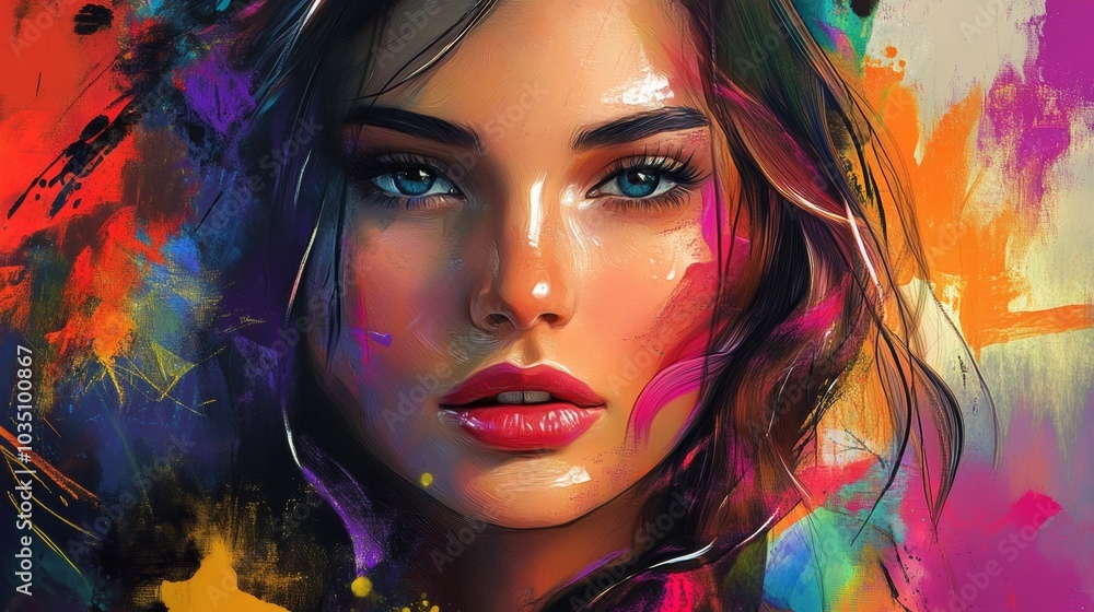 Vibrant portrait of a woman with striking blue eyes and colorful abstract paint strokes surrounding her face Vibrant portrait of a woman with striking blue eyes and colorful abstract paint strokes surrounding her face