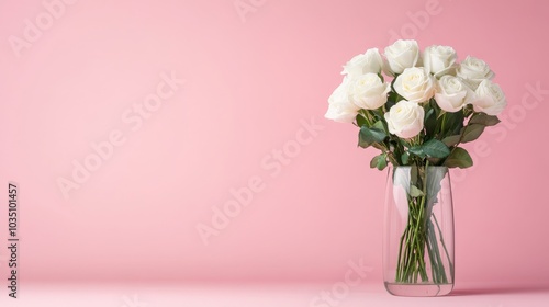 Elegant white roses in a clear vase on a pink background