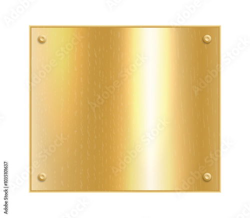 Gold plate. Metal plaque mockup. Golden frame. Vector brass rectangle.