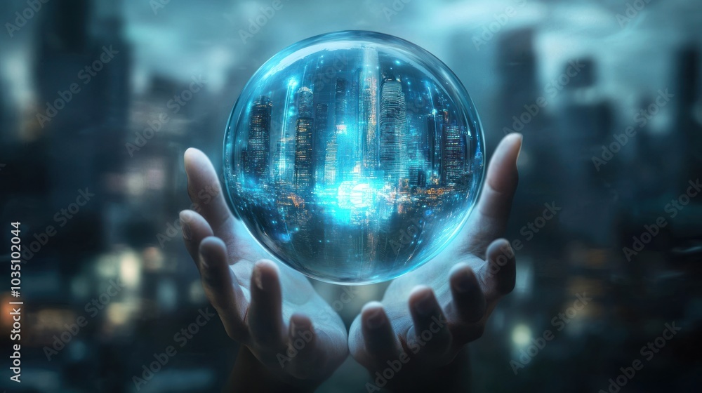 A pair of hands cradles a glowing orb that reveals a futuristic cityscape within, representing progress, innovation, and the future. A pair of hands cradles a glowing orb that reveals a futuristic cityscape within, representing progress, innovation, and the future.
